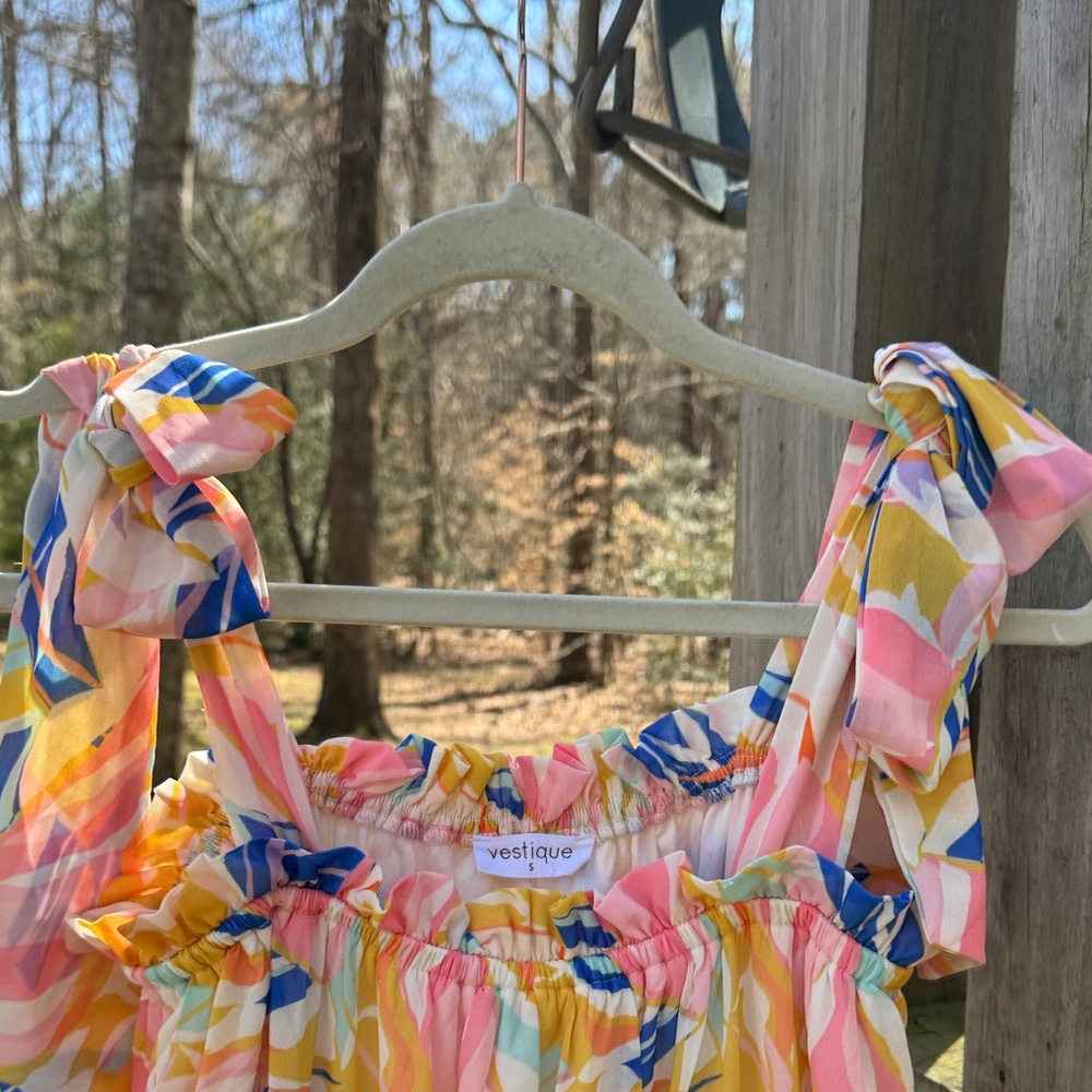 vestique Pink, Blue, Yellow & Cream Ruffle-Top Dress - Picture 5 of 9